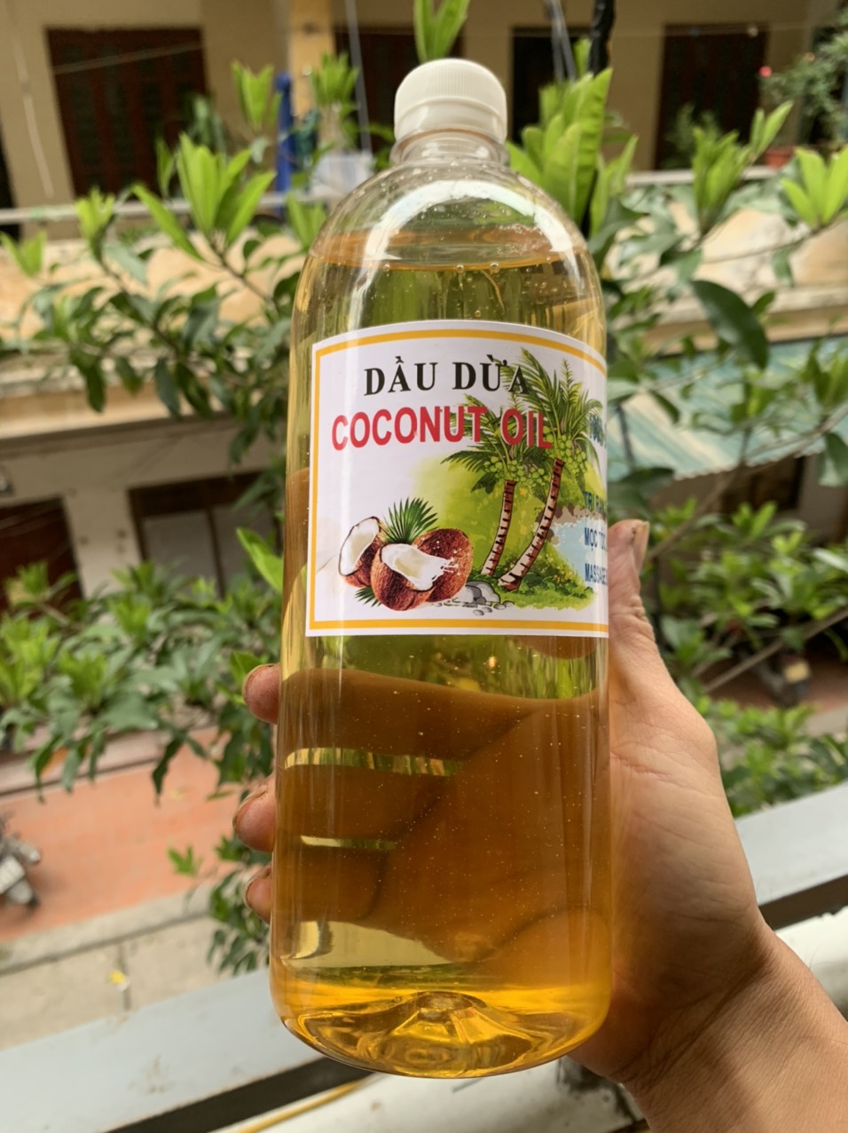 Chai to 1 lít - dầu dừa nấu thủ công nguyên chất mẹ gấu - vàng óng , thơm lừng