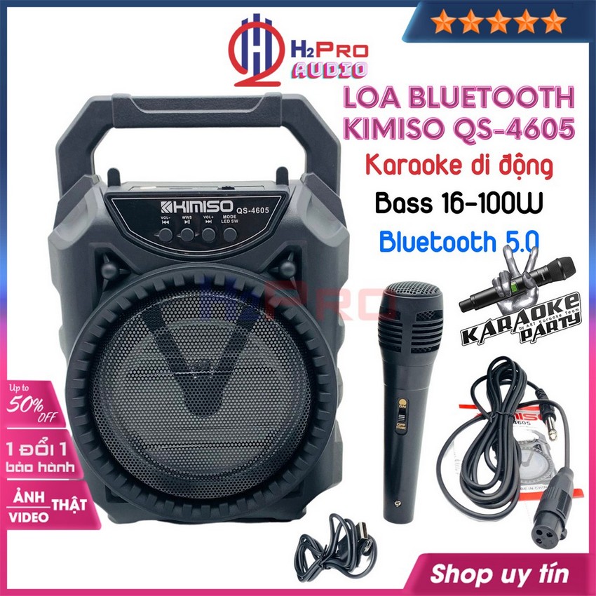 Loa Bluetooth Karaoke Mini, loa xách tay karaoke Kimiso QS-4605 bass 16 cao cấp-led 7 màu, Tặng 1 Mic có dây-Shop H2pro