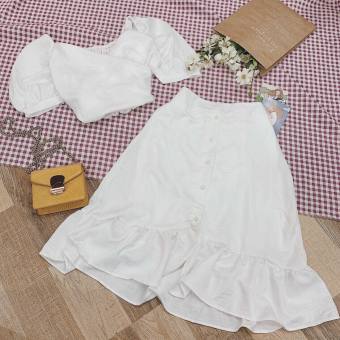 Set váy rời áo tay búp cổ V chân váy đuôi cá
