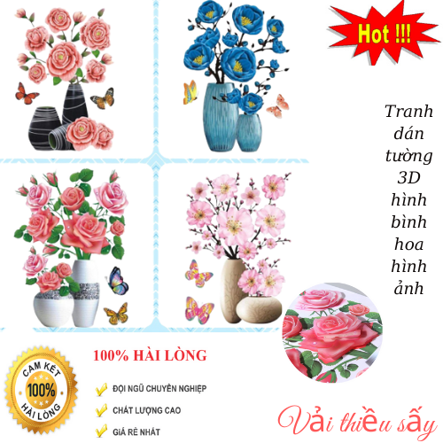 Tranh dán tường 3D hình bình hoa hình ảnh sắc nét sống động , độ bền rất cao