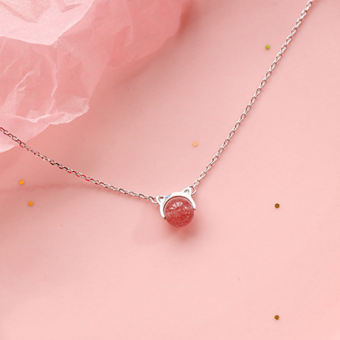 Dây chuyền bạc mèo thạch anh dâu hồng dạng mắt xích dài 40+5 cm