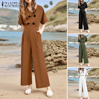 Rulfepy ZANZEA Áo Liền Quần Cài Nút Tay Ngắn Cho Nữ Áo Liền Quần Pnats Dài Màu Trơn Bộ Đồ Liền #8