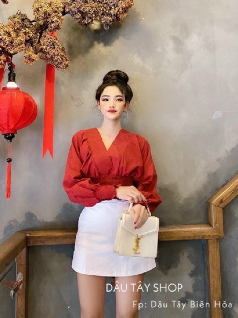 Áo voan tay phồng cổ đắp chéo, áo voan tay phồng nhún eo_vkv01