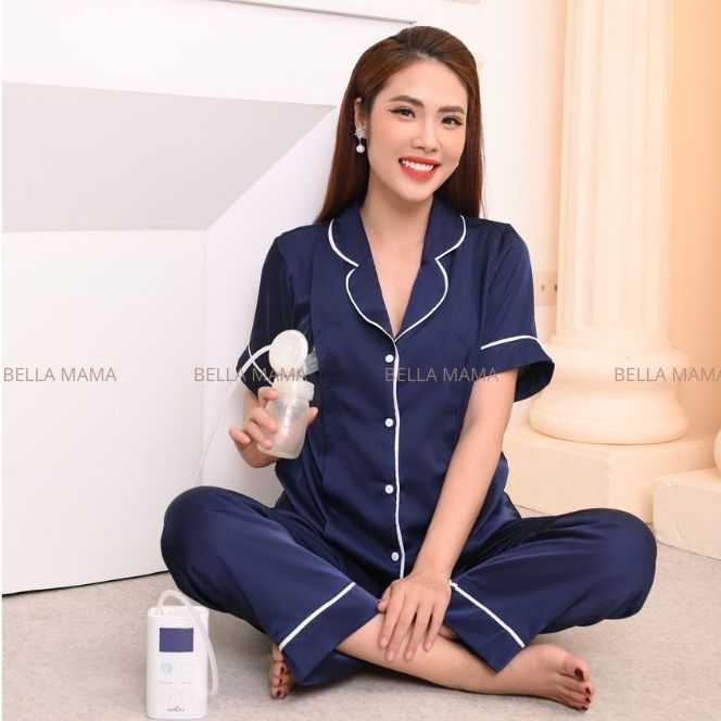 Đồ bộ bầu mặc nhà mùa hè lụa, quần áo mẹ bầu có khóa ngực và chun chỉnh bụng chất liệu lụa mềm, mịn mát bella mama bn8