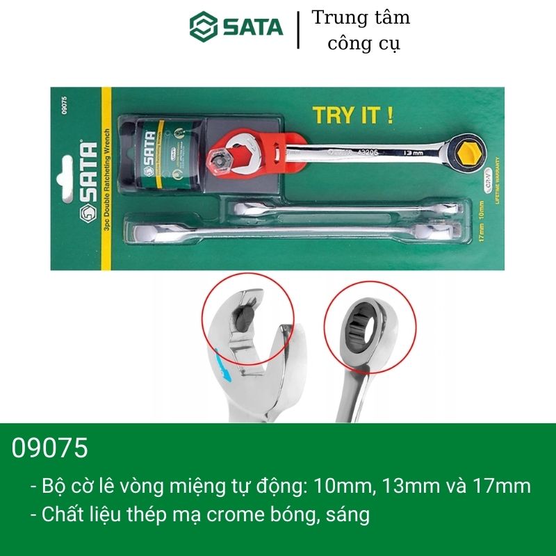 Bộ cờ lê vòng miệng tự động 3 chi tiết 10mm,13mm,17mm sata 09075