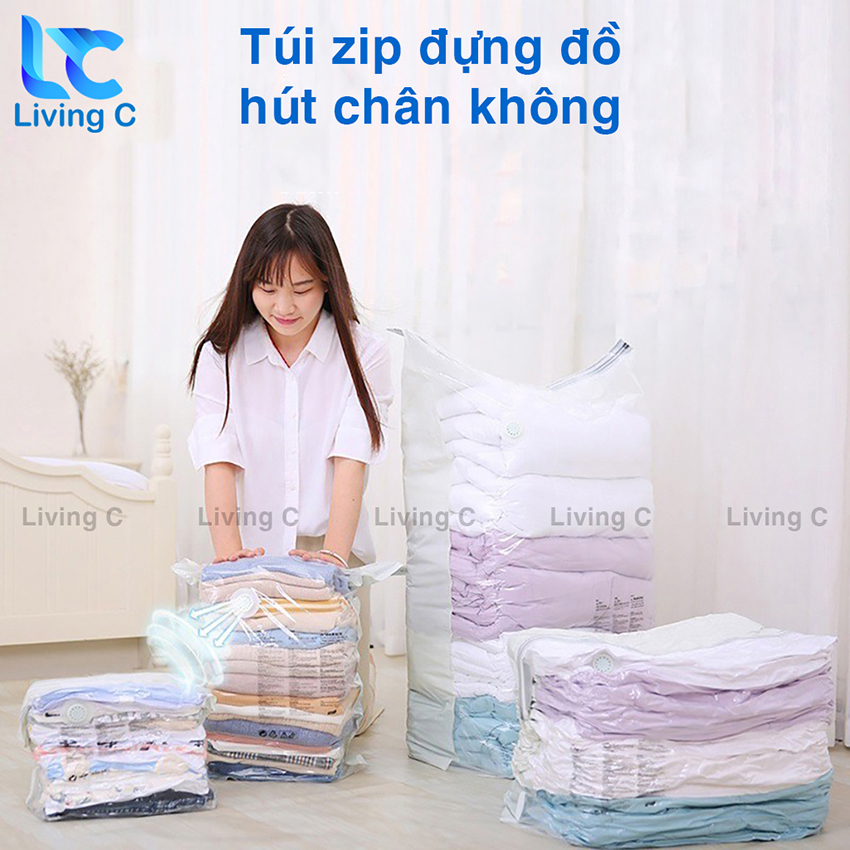 Túi đựng quần áo hút chân không bằng tay Living C , túi zip đựng quần áo size lớn, túi hút chân không quần áo chăn mền TZ