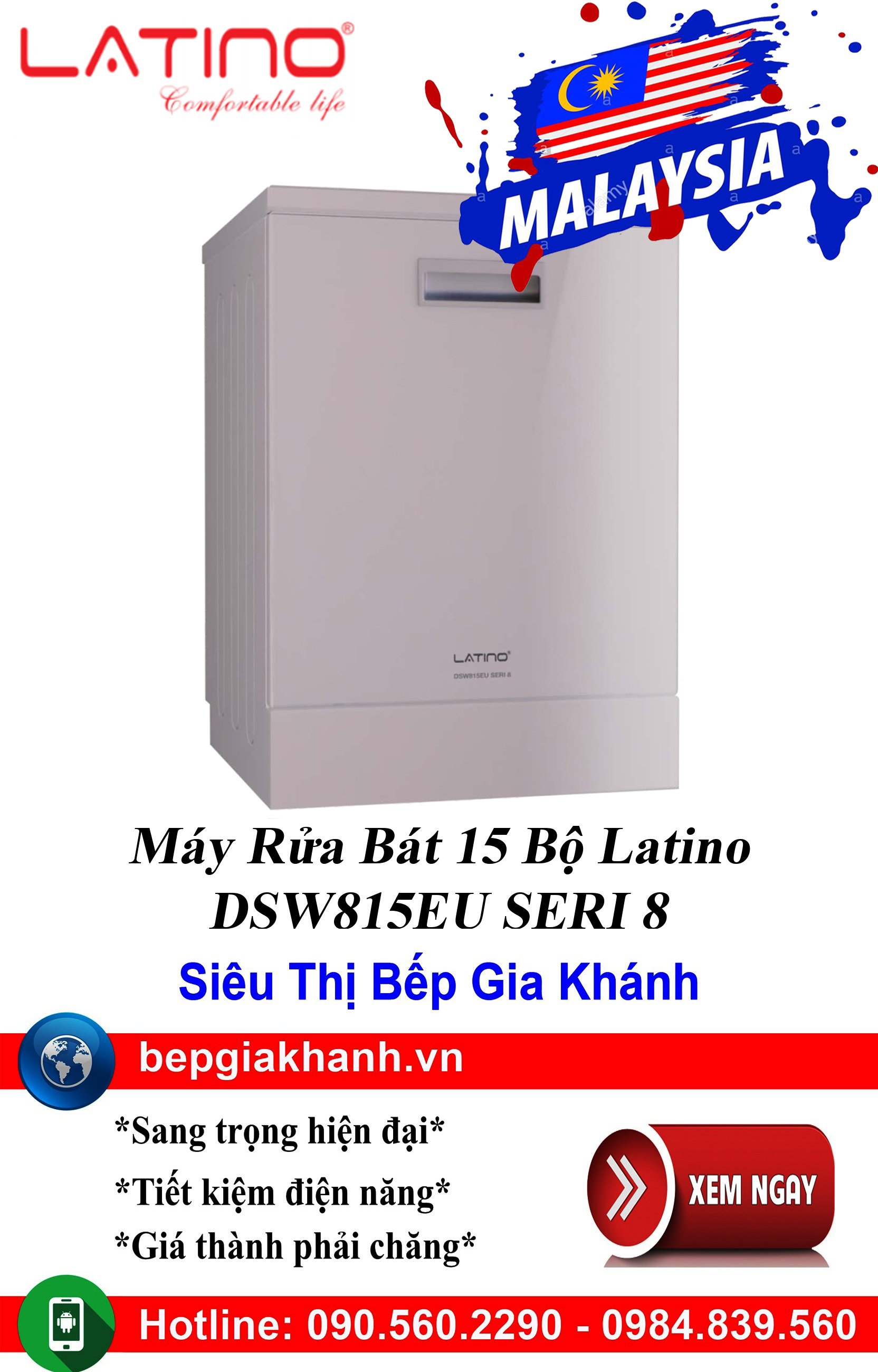 Máy rửa bát 15 bộ Latino DSW815EU SERI 8 nhập khẩu Malaysia, máy rửa chén, máy rửa chén bát, máy rửa bát, máy rửa bát giá rẻ, may rua bat, may rua chen, may rua bat gia re