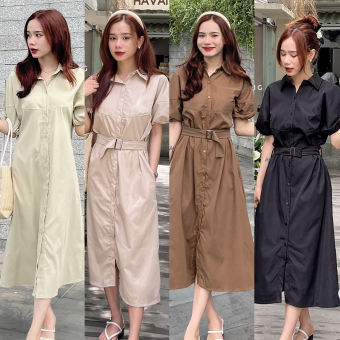 Đầm sơ mi tay bồng dáng dài form suông kèm đai he168