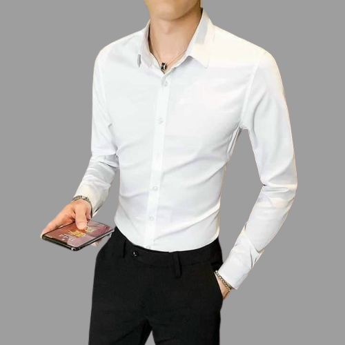 Áo sơ mi nam màu trắng, áo sơ mi nam vải lụa co dãn thoáng mát khi mặc, áo sơ mi nam công sở SoloShop AT1