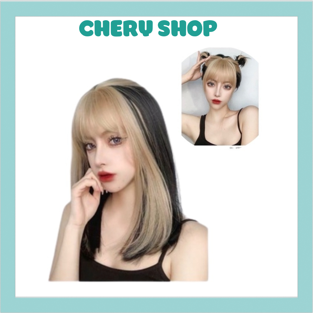 Tóc giả nguyên đầu cúp 35cm phối mái vàng Jennie hot hit tặng kèm lưới trùm wig