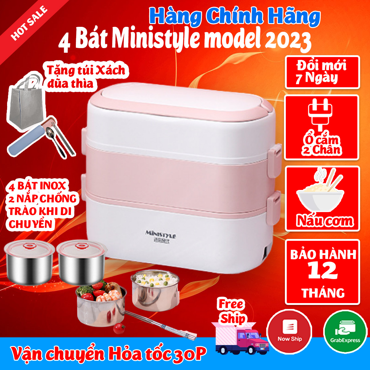 Hộp Cơm Hâm Nóng Cắm điện MINISTYLE - Tigerlife Tặng Kèm Bộ Đũa,Túi Xách 4 Bát-2 Bát BH 12 Tháng Lỗi 1 đổi 1