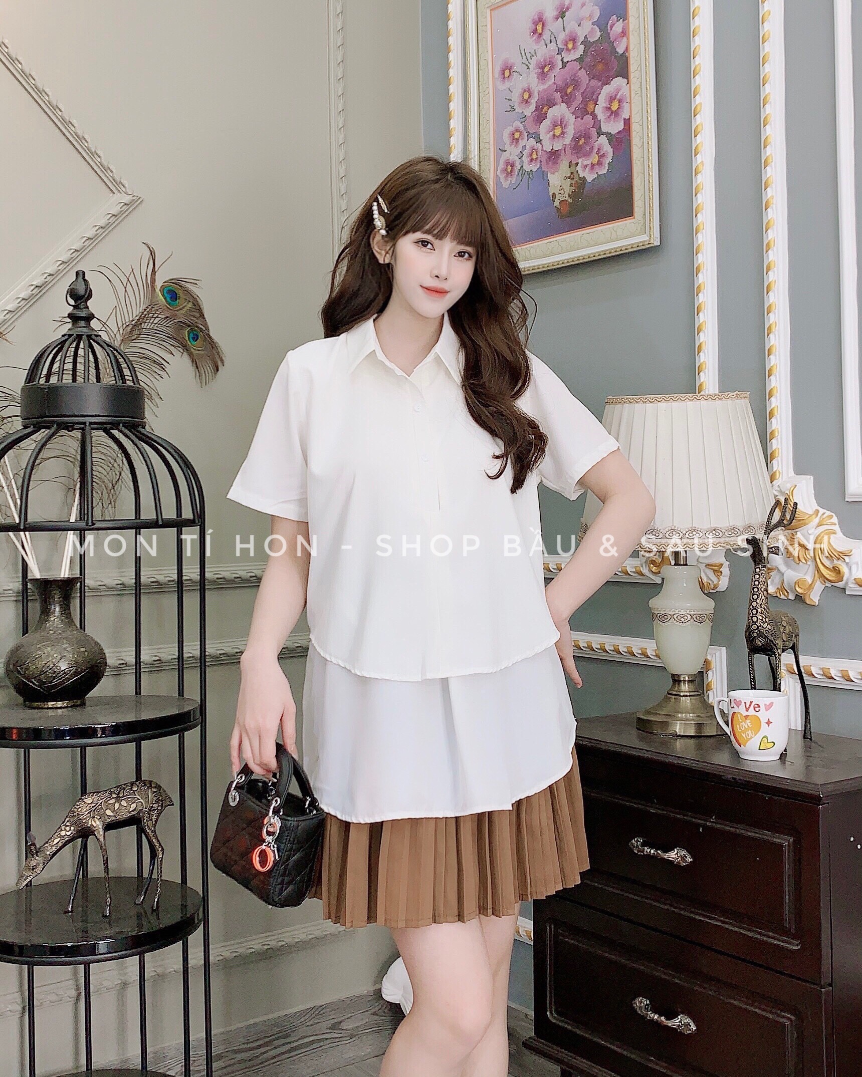 Áo bầu công sở cộc tay sơ mi tầng | Chất thô lụa mềm mại - Đủ size 47-80kg | Màu trắng/xanh