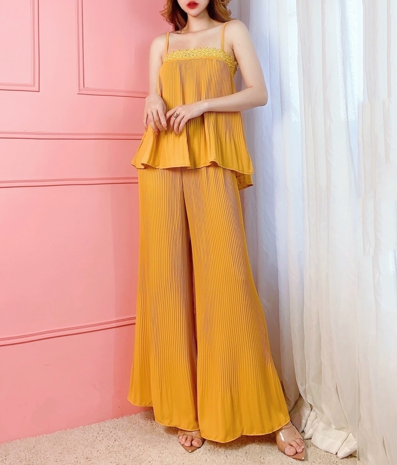 Set đồ bộ nữ vải lụa dập ly xốp, mịn, không nhăn kiểu áo phối ren thời trang