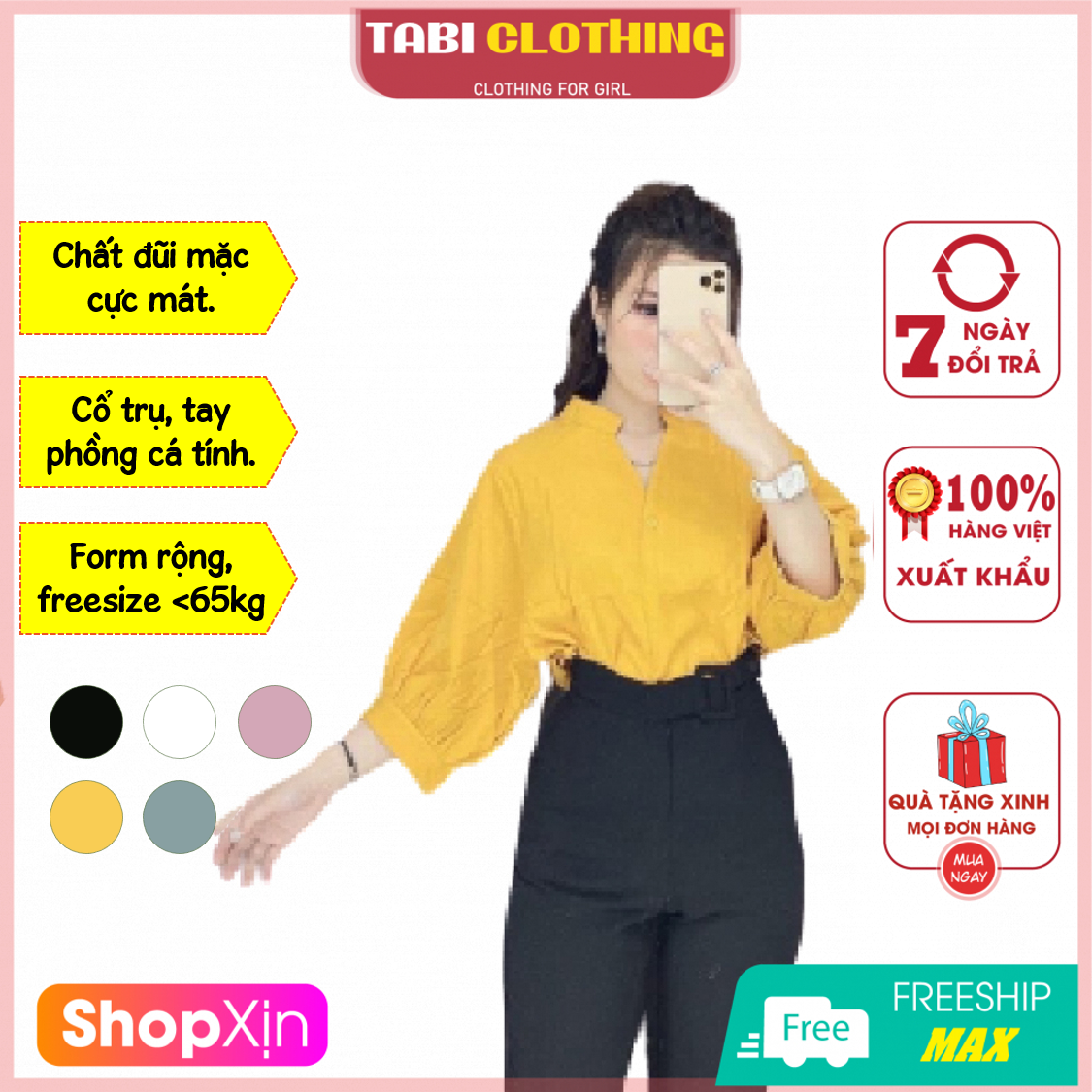 Áo sơ mi nữ kiểu hàn quốc form rộng cổ trụ tay phồng, chất đũi mặc mát freesize  65kg thích hợp đi chơi, du lịch, áo sơ mi nữ công sở.. 5 màu (trắng, hồng, đen, vàng, xanh đậu)