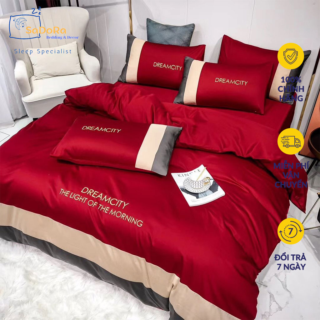 Bộ chăn ga gối đệm lụa tencel 60s dream city drap giường phi bóng cao cấp bo chun drap -sadora bedding