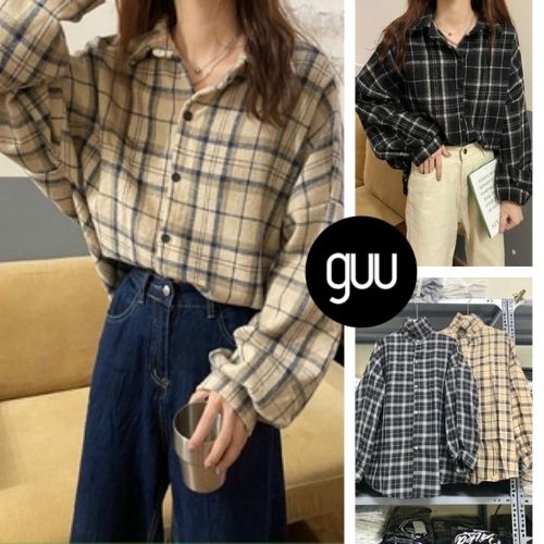 Áo sơ mi nam kẻ sọc caro không túi tay phồng dáng oversize chất vải thô mềm ( đen,nâu) GUU