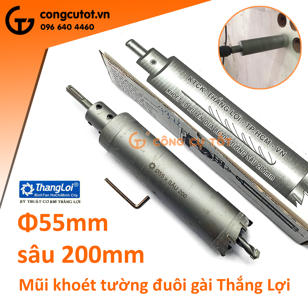 Mũi khoan khoét lỗ bê tông rút lõi Thắng Lợi chuôi gài sâu 120mm, 200mm