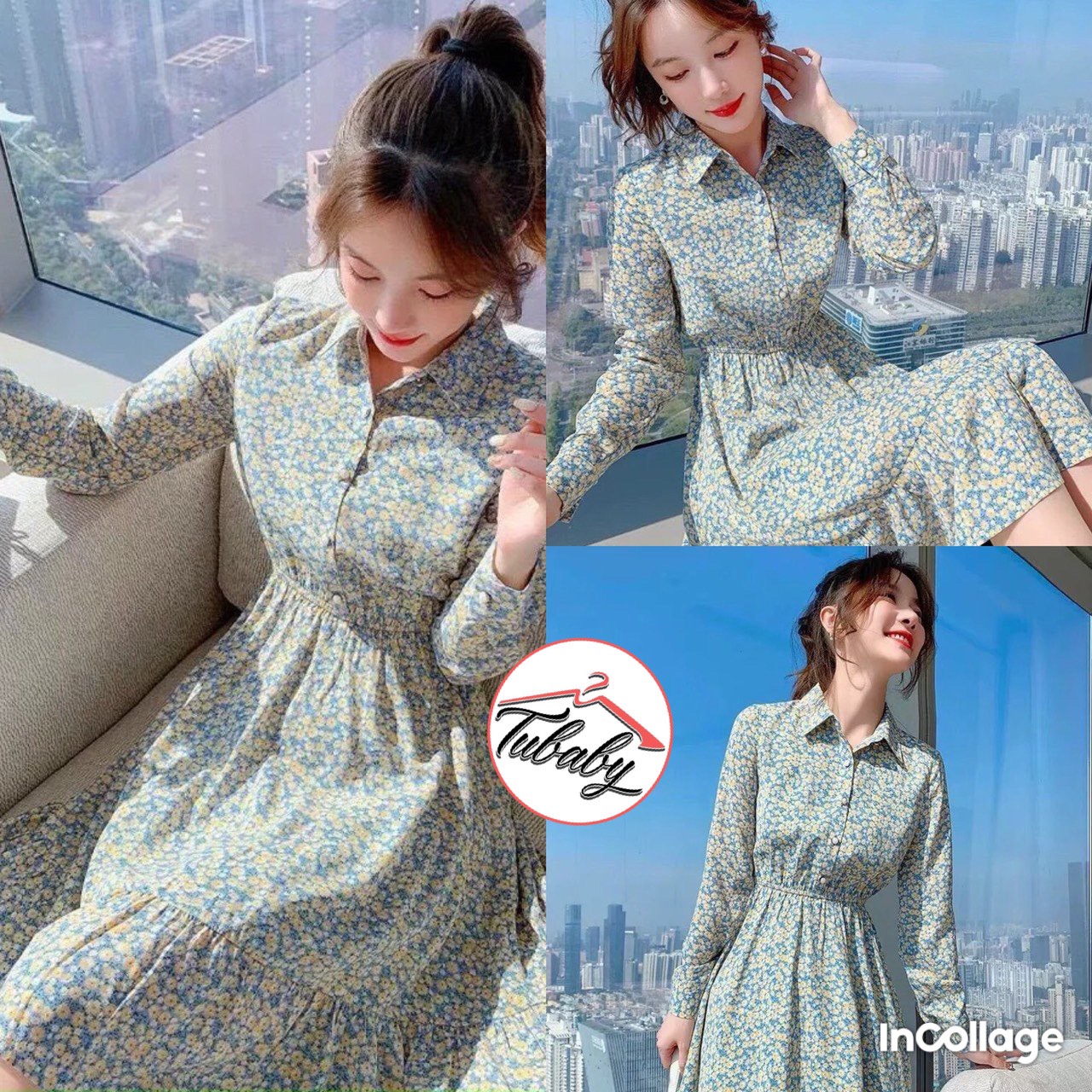 Đầm xanh họa tiết hoa vàng phối cổ sơ mi dáng thân dài dành cho cách chị em đi dạo phố