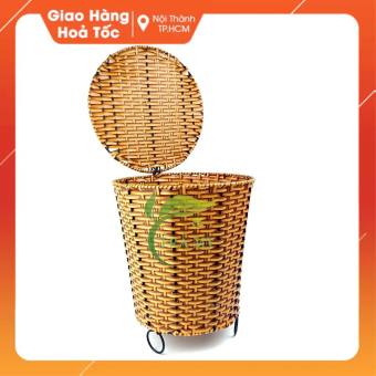 Xô/Sọt Tròn Nắp Cạnh Xéo Dây Nhựa Kiểu Mây Tre Đan Đựng Rác, Giỏ Đựng Quần Áo