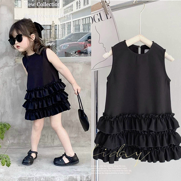 Đầm sát nách đen phối chân bèo tầng bé gái LS_DN592