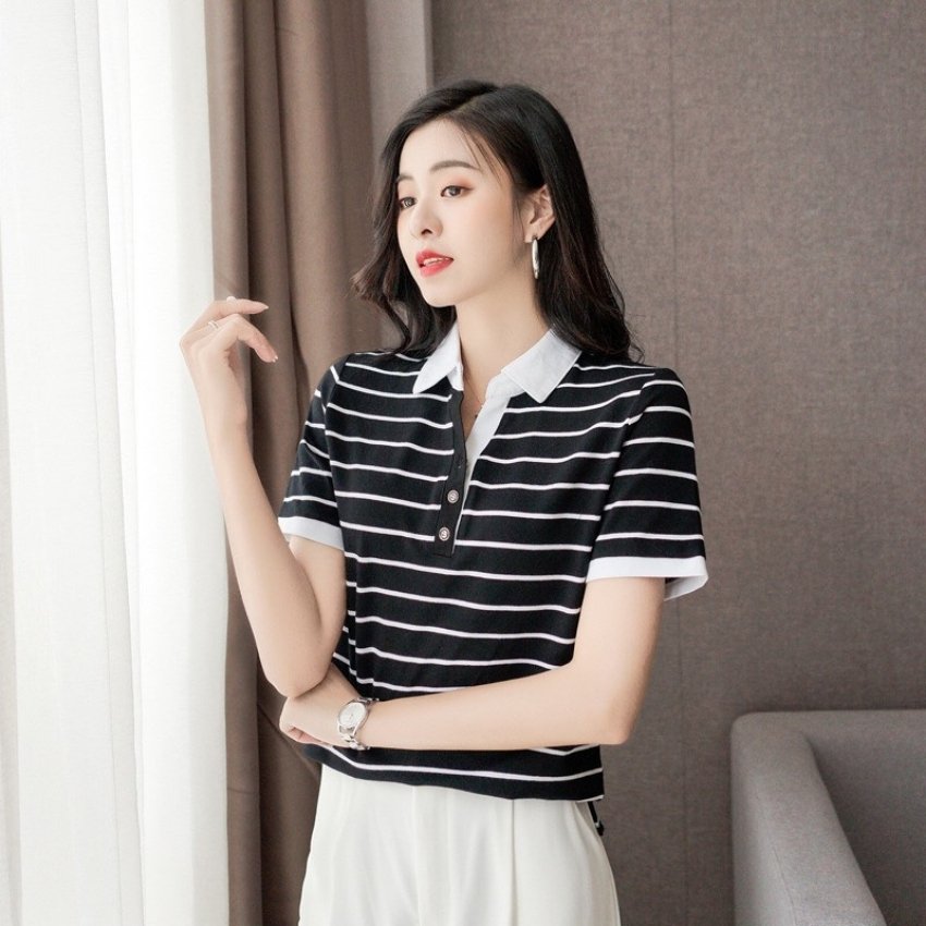 Áo thun nữ ngắn tay có cổ phối sọc kẻ ngang thời trang cao cấp mới