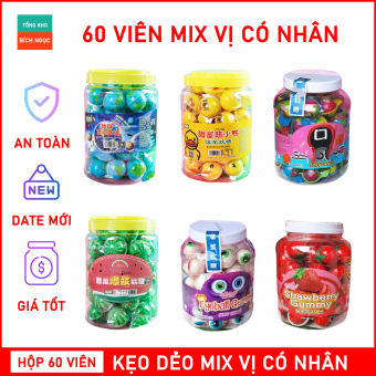 Hộp 60 viên kẹo dẻo trái cây có nhân thơm ngon, kẹo mắt, trái bóng, dưa hấu, vịt vàng, quả dâu mix đa dạng các bé rất thích