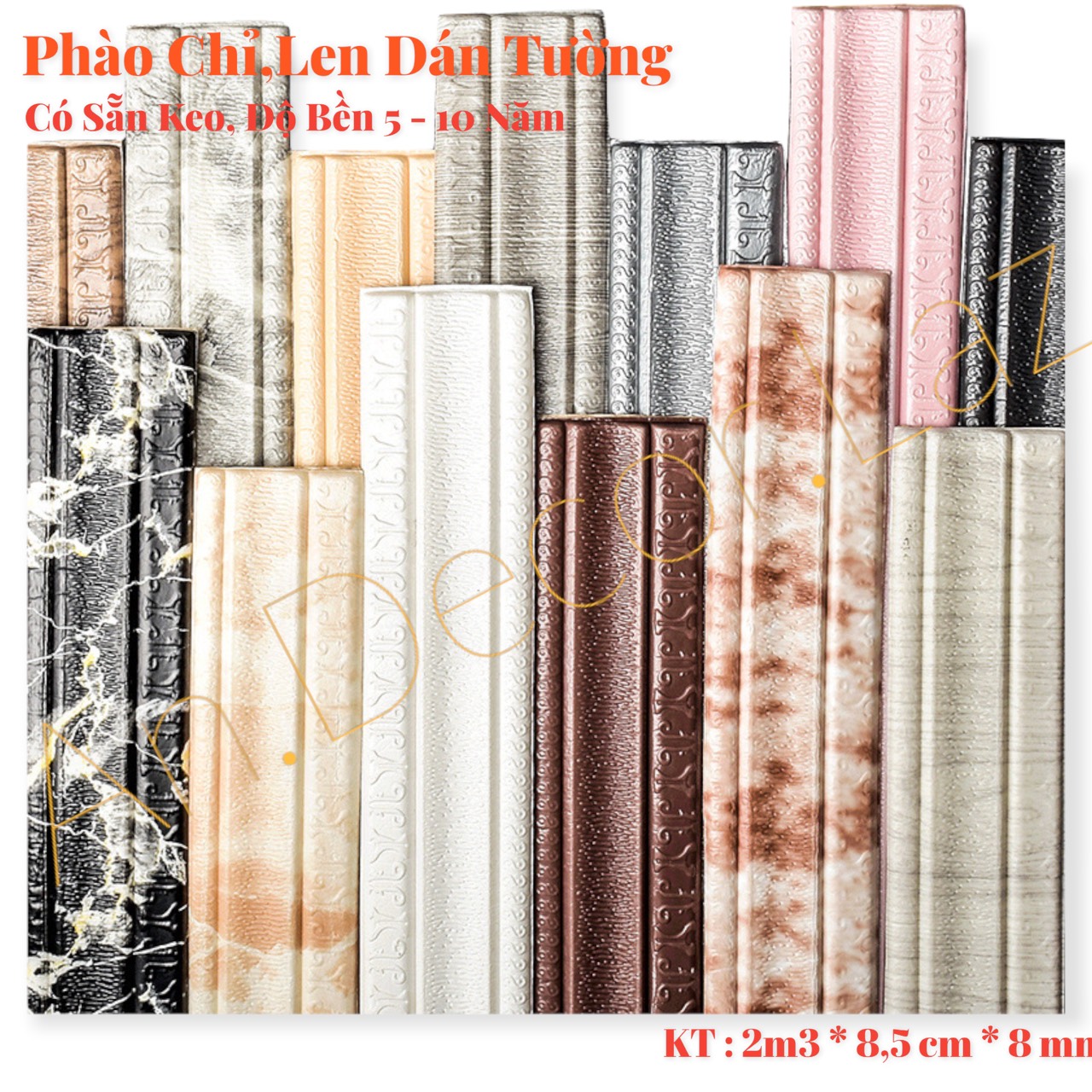 phào chỉ, viền xốp, len xốp dán tường, dài 2m3 dày 8 mm, có sẵn keo đủ màu