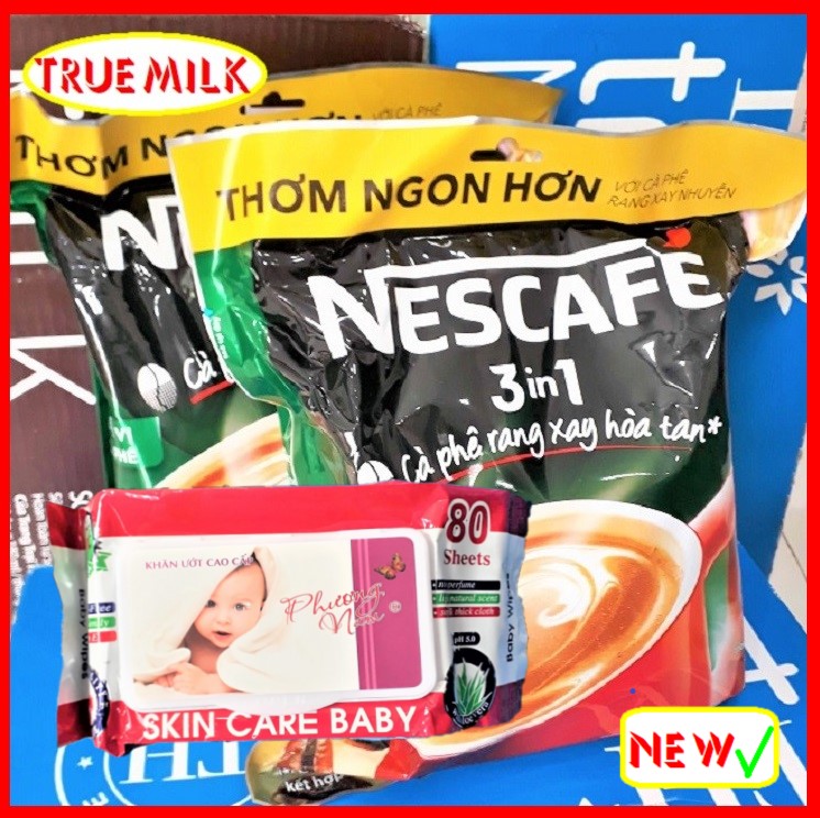 Combo x2 Túi Nescafe Túi Xanh 46gói x 17g (Tặng Túi Khăn Ướt) - Ca phe rang xay hoa tan - cafe sữa đ