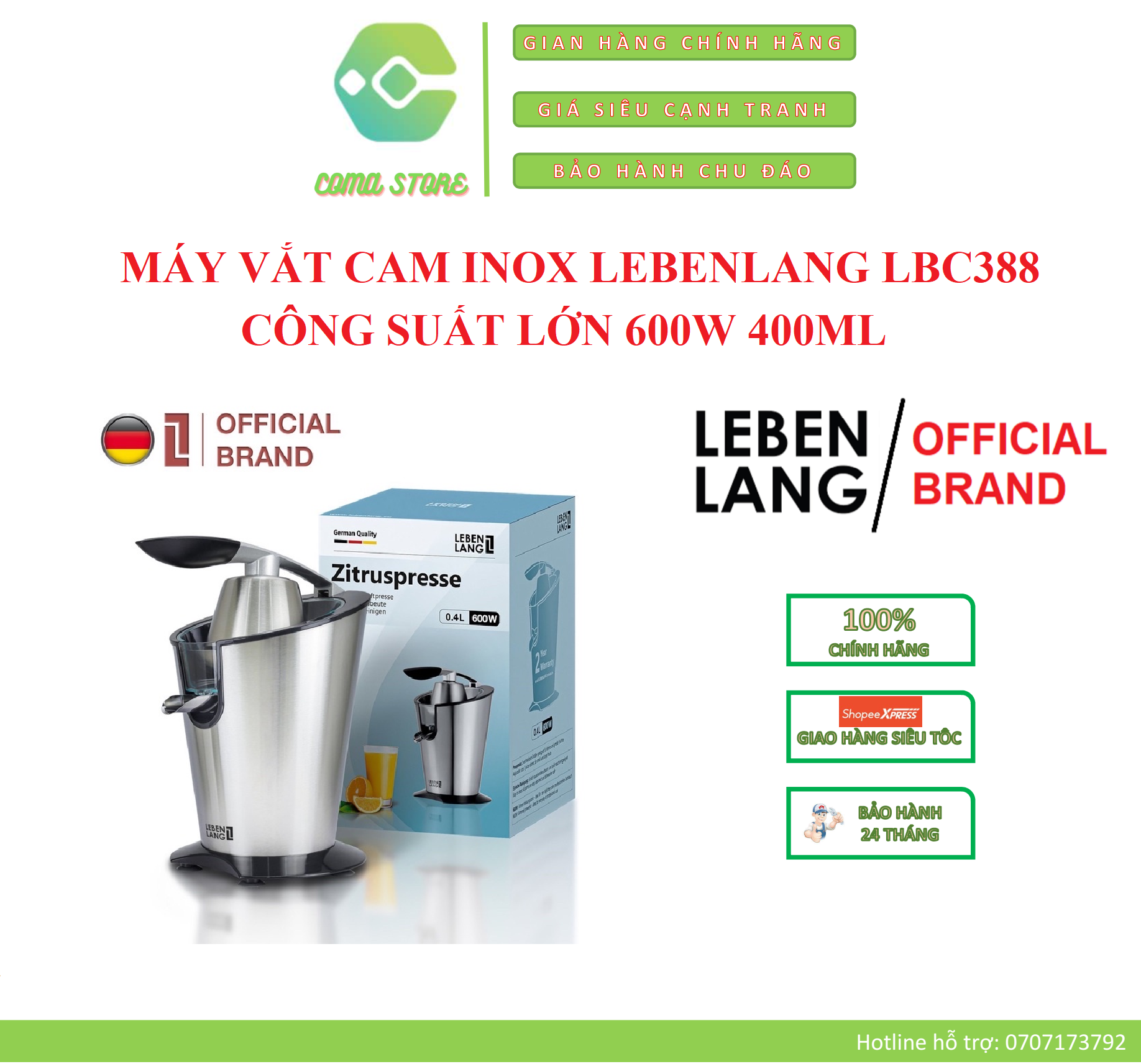 Lbc388 - máy vắt cam inox lebenlang công suất lớn 600w 400ml – bảo hành chính hãng 2 năm