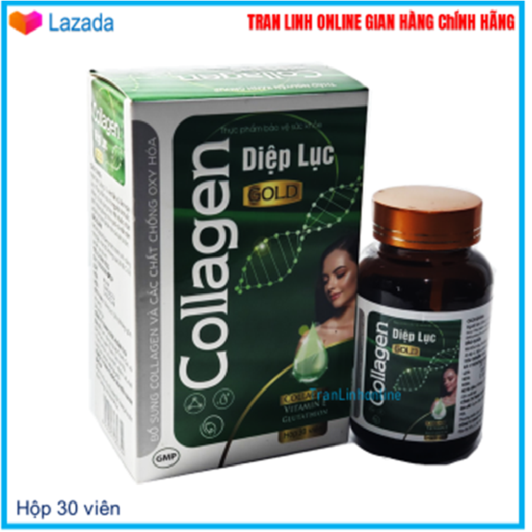 Collagen Diệp Lục Gold (Xanh) - Viên uống giảm nám, tàn nhang, trắng da Bổ sung collagen, vitamin E, diệp lục , Tran linh online - Hộp 30 viên Hàng chính hãng