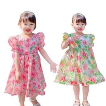 Đầm bé gái hoa hồng nơ lưng chất tơ mềm mát 2 mầu đỏ và vàng XHN1164