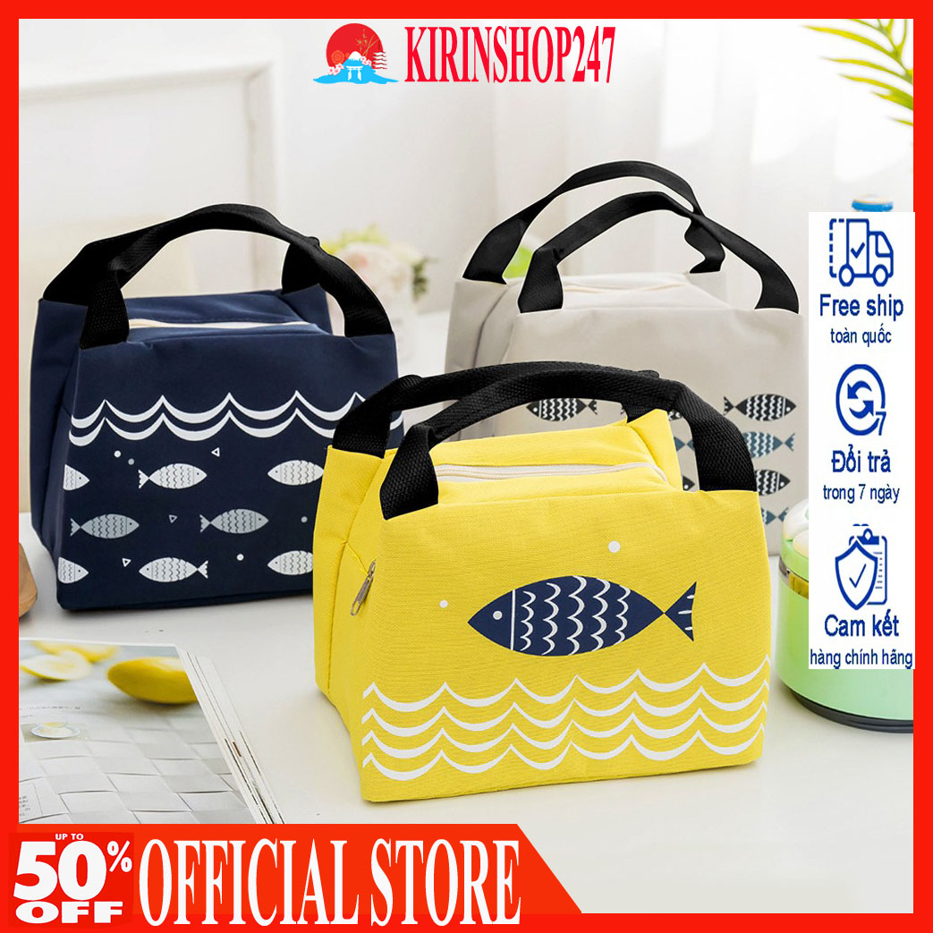 Túi đựng cơm văn phòng có lớp giữ nhiệt họa tiết hình cá có khóa kéo
