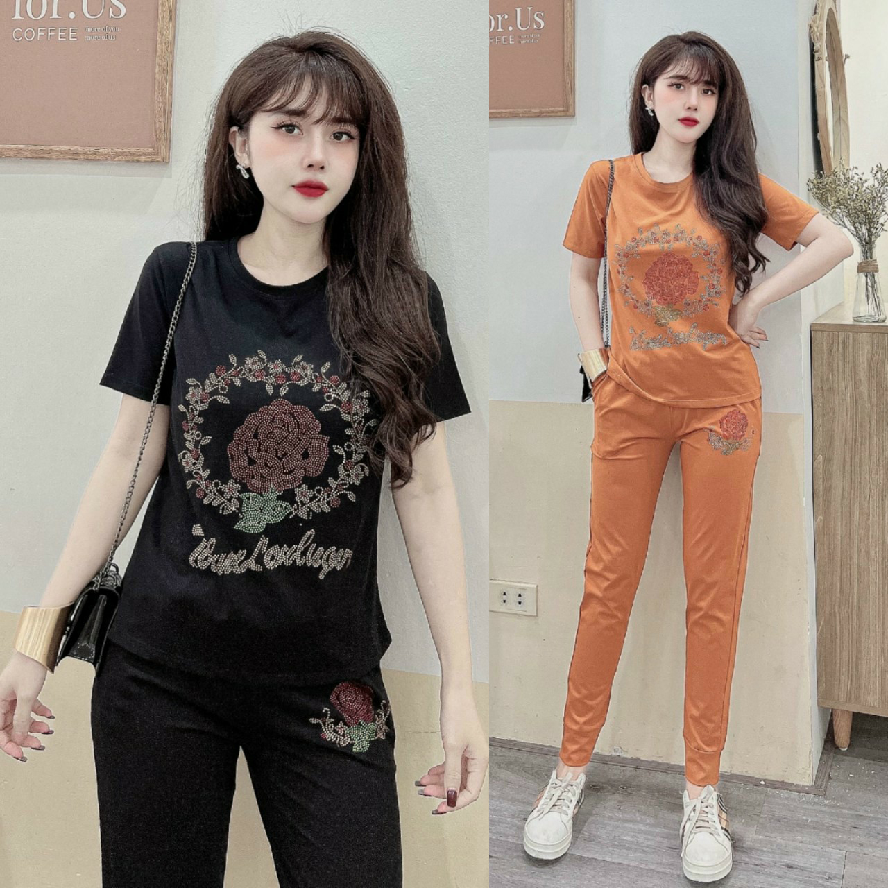 Đồ bộ thun cotton đính đá cườm hoa hồng sang trọng