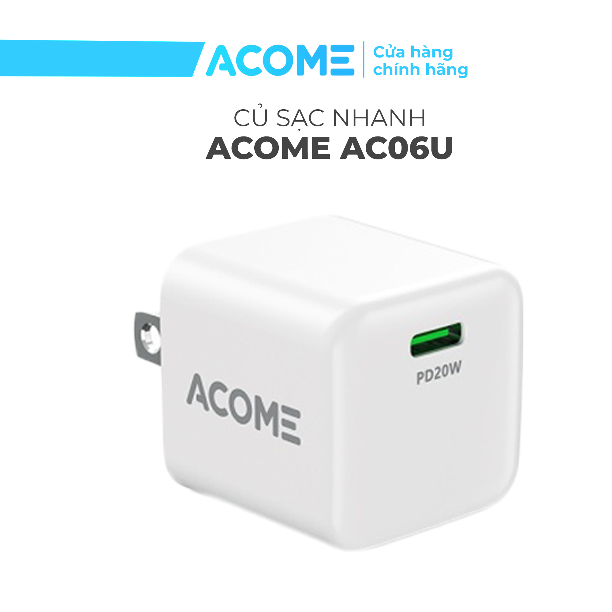 Củ sạc nhanh 20w ACOME AC06U cổng Typec thương thích với các dòng iphone, tự ngắt khi pin đầy