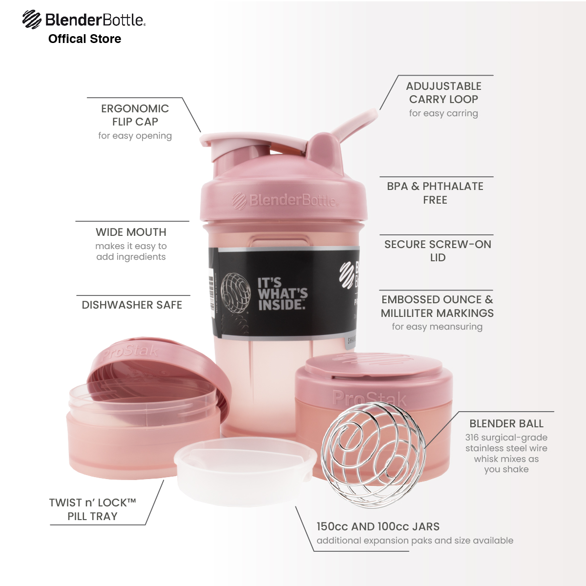 ProStak Shaker Bottle with Wire Whisk BlenderBall and Interlocking Storage  Containers - Rose Pink (22 fl oz.)
