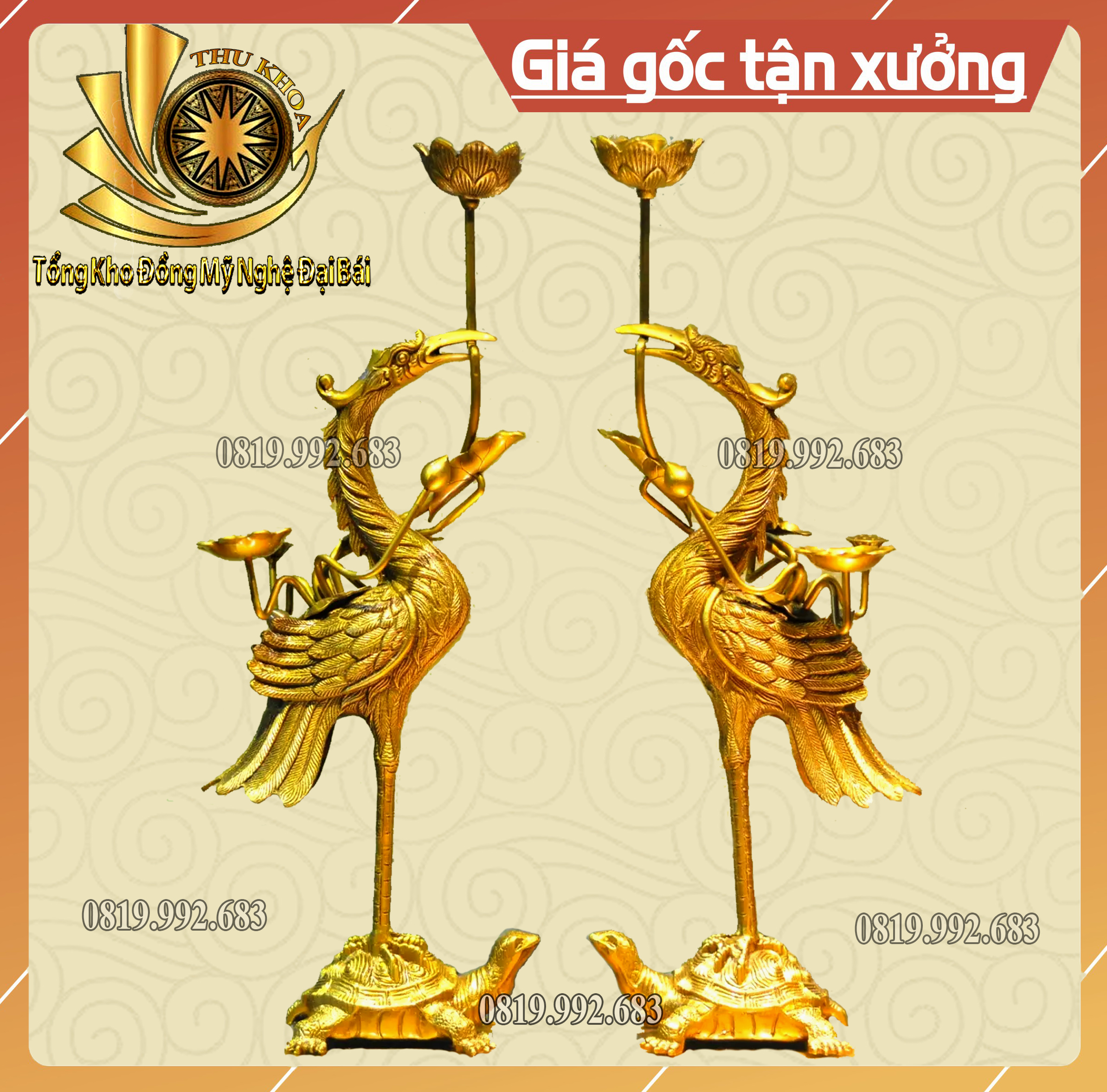 Cặp hạc đồng cánh đứng rùa 55cm bằng đồng đại bái cao cấp bảo trì trọn đời