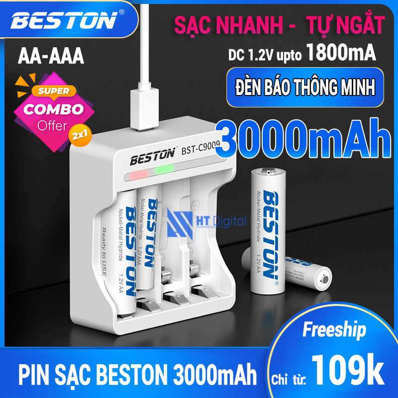  Bộ Pin Sạc AA 3000mAh + Sạc AA AAA Beston Thông Minh C9009 Tự Ngắt Cho Micro Karaoke loa đồ chơi trẻ em đồng hồ thiết bị điện tử đèn flash pin máy ảnh xe điều khiển đèn pin siêu sáng loa kẹo kéo pin sạc dung lượng cao 