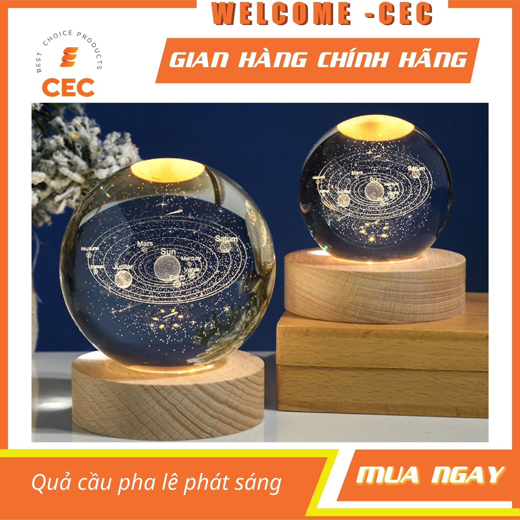 Quả Cầu Pha Lê Phát Sáng Cầu Thủy Tinh Trong Suốt Plasma Trang Trí Hệ Mặt Trời Kèm Đế Gỗ Đèn Ngủ Decor CT6 [CEC Store]