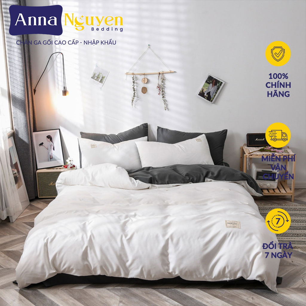 Bộ chăn ga gối đệm cotton tici hàn quốc drap giường màu trơn cao cấp bo chun drap - anna nguyen bedding
