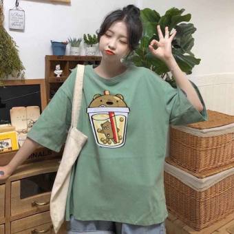 Aó đầm thun nữ form dài rộng tay lỡ Unisex TRÀ SỮA HÌNH GẤU freesize 45 - 70kg áo thun nam form rộng tay lỡ áo phông nữ form rộng