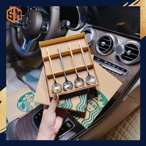 Set 4 Thìa Muỗng Cà Phê Trang Trí Logo Starbuck - Hộp 4 Thìa Star Buck Kèm Hộp , Quà Tặng Siêu Xinh