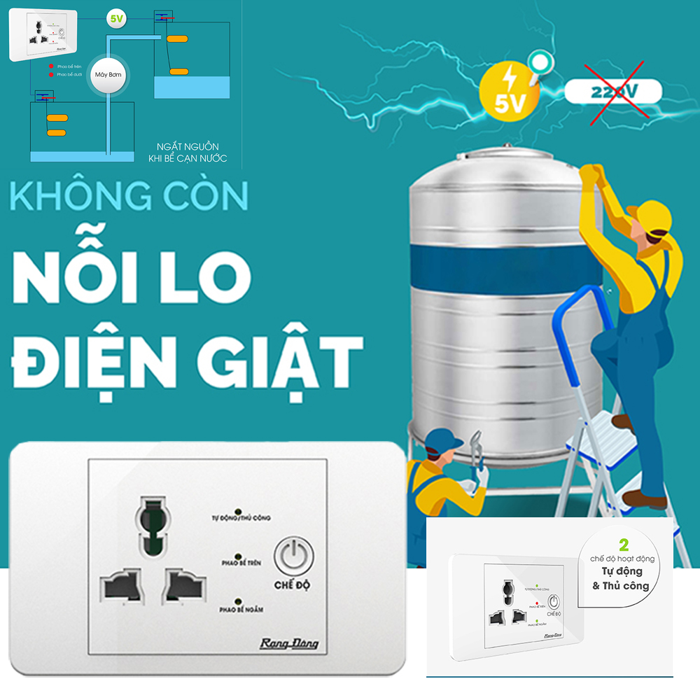 Ổ cắm điện đa năng thông minh an toàn cho máy bơm Rạng Đông OC03.MB 16A, sử dụng nguồn cách ly 5V, an toàn cho người sử dụng