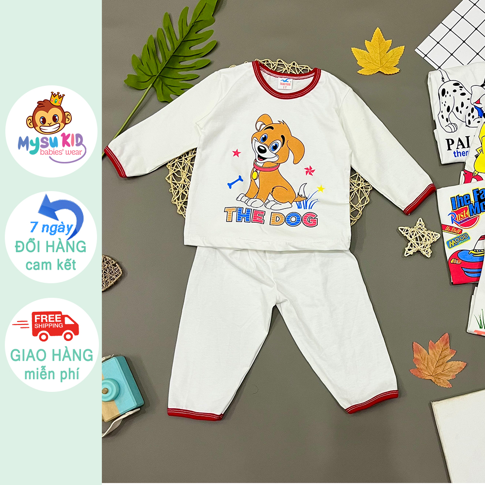 Đồ ngủ dài tay cotton 100% Mysu kids - đồ ngủ cho bé gái bé trai thun mềm mát màu trắng 8kg đến 47kg