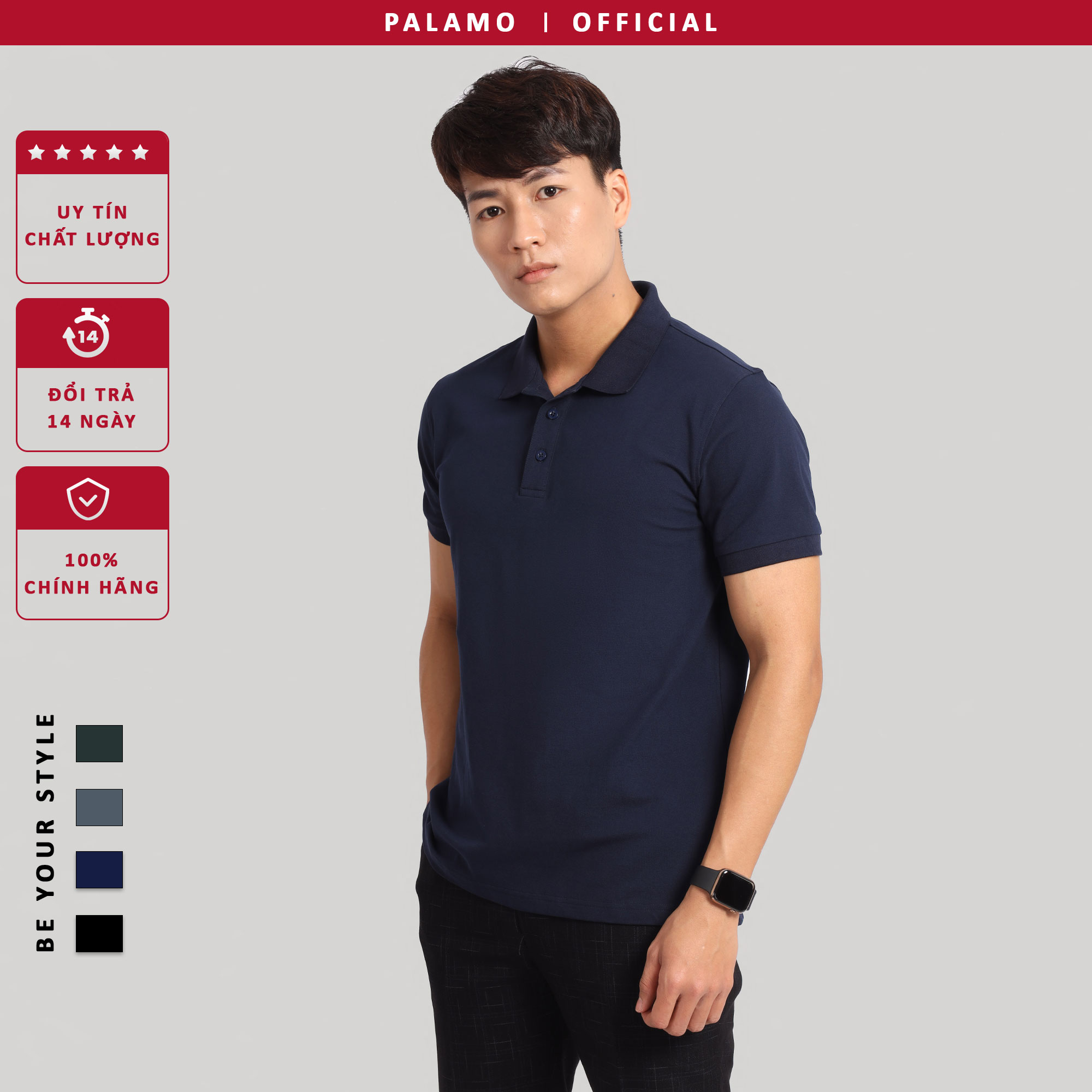 Áo phông nam polo Palamo cotton compact, regular fit, classic / xanh đen
