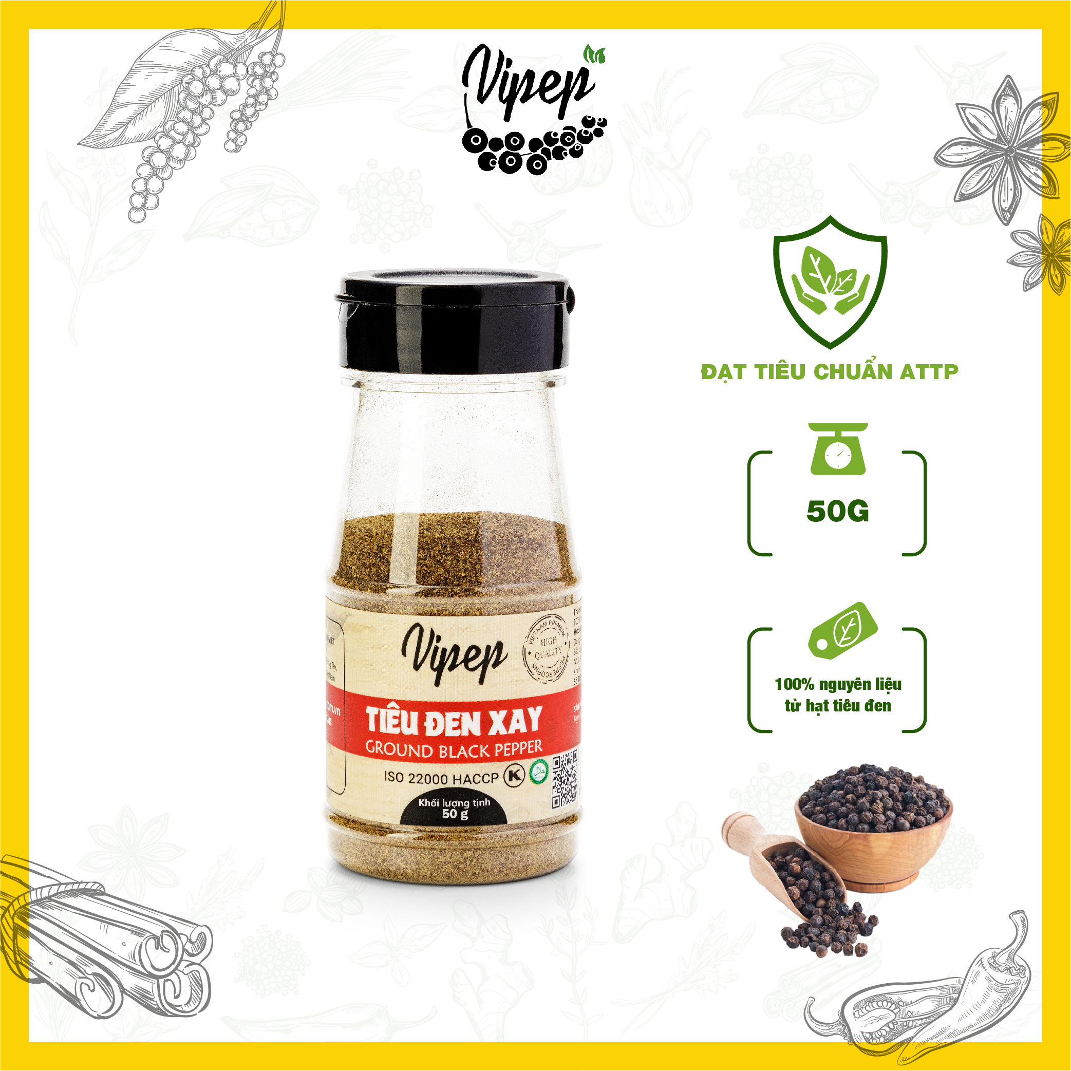 Tiêu đen xay nhuyễn Vipep 50g - 100g - 250g - 500g chuyên dùng làm gia vị ứớp thực phẩm, nêm món xào, kho, canh