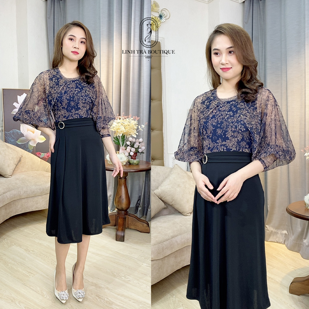 Linh trà - đầm trung niên dáng dài cao cấp vải thun lưới linen tay ngắn cho mẹ u40 u50