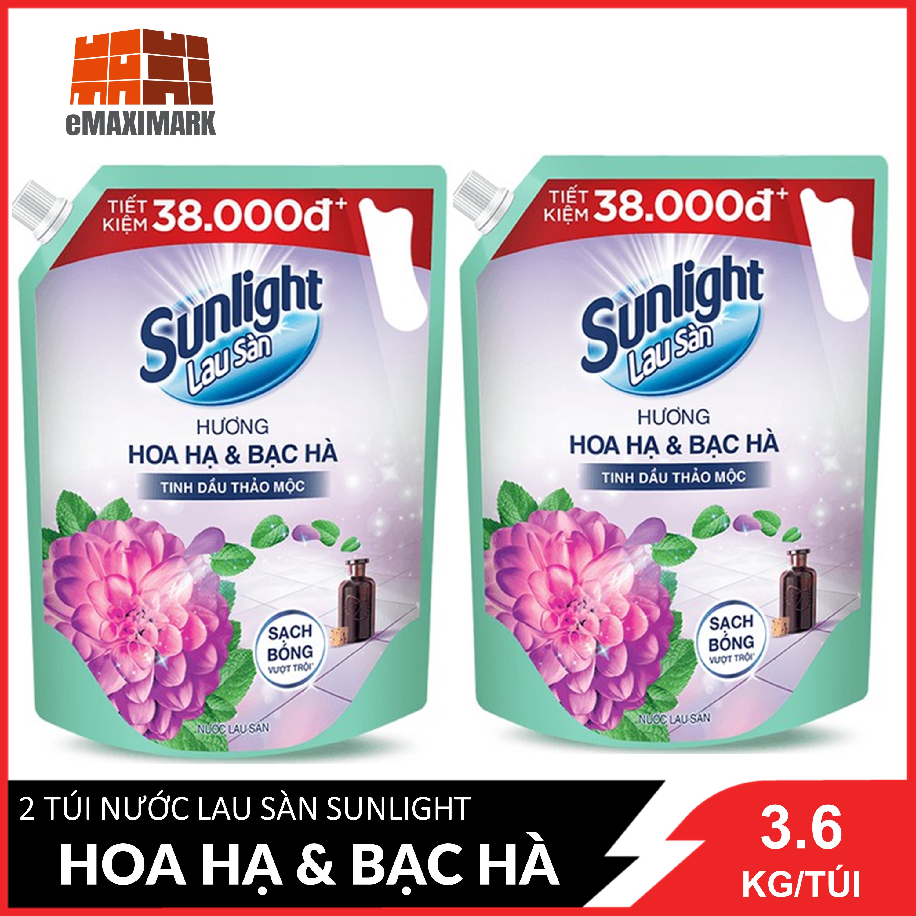 [HCM ship 2h] COMBO 2 Túi Nước lau sàn Sunlight Hương Hoa Hạ và Bạc Hà Túi 3.6kgx2
