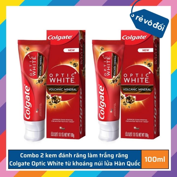 Combo 2 kem đánh răng làm trắng sáng Colgate Optic White từ khoáng núi lửa Hàn Quốc 100g