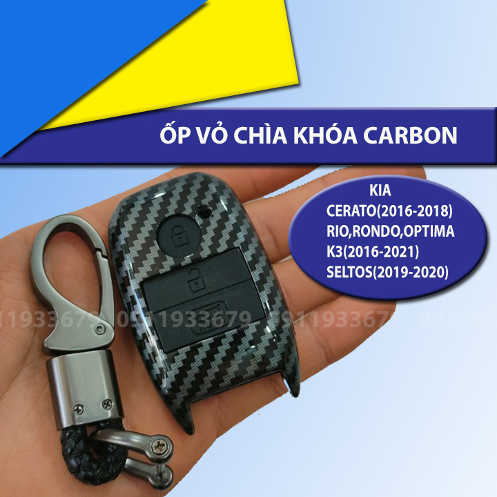 HCM- Ốp vỏ chìa khóa Carbon KIA K3, CERATO, SORENTO, SELTOS chìa 3 nút- kèm móc treo chìa khóa MCB