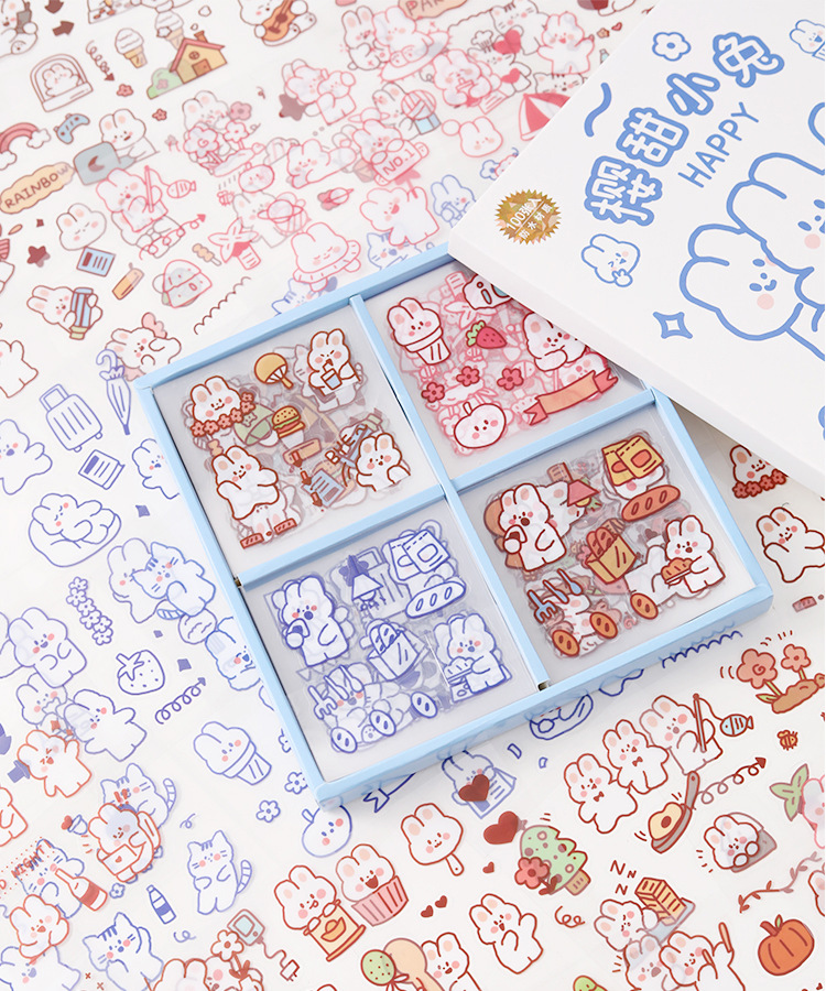 Set 10 tấm sticker cute chiết ngẫu nhiên từ hộp 100 sticker - Thỏ happy